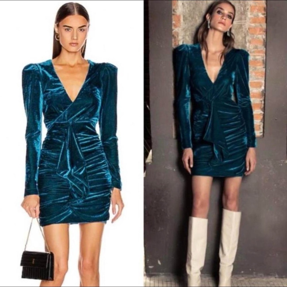 PatBO Velvet Ruched Dress in Turquoise